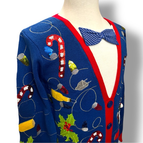 Jolly Sweaters Bright Blue Sequins Ugly Christmas Sweater Bow Tie Pullover Sz M - Picture 4 of 13